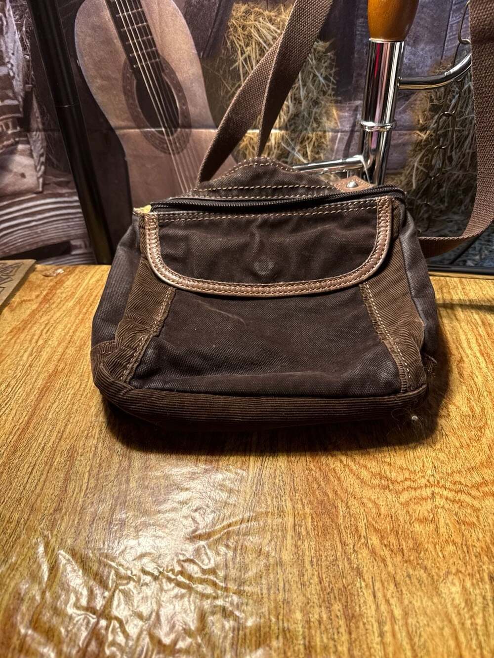 Fossil Brown Canvas and Corduroy Crossbody Bag with Floral Lining